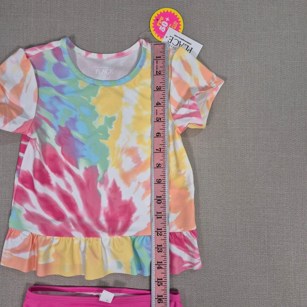 The Childrens Place Girls Tie Dye Peplum Rash Guard Swimsuit Set Pink 5T NEW